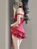 Bikini Rojo Floral Estilo Nuevo Traje de Baño de Dos Piezas para Mujer Estilo Chica Caliente Top de Tubo con Cintura Expuesta y Volantes Traje de Baño Sexy