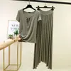 Novo Conjunto Casual para Casa com Gola Redonda para Mulheres, Conjunto de Duas Peças Verão Fino de Manga Curta e Calça Longa, Roupa de Dormir Casual Plus Size