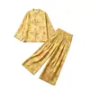 Atacado transfronteiriço 2026 Moda europeia e americana conjunto de camisa longa estampada solta com fivela de nó + calça para mulheres K41905