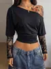 Transfronterizo Europeo y Americano Amazon 2026 otoño nuevo de un hombro sexy hueco encaje patchwork transparente camiseta