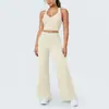 Conjunto de yoga esportivo feminino com top regata de tecido escovado estilo europeu e americano com blocos de cor e gola U, calça de yoga justa, calça pantalona de cintura alta.