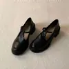 Zapatos retro Mary Jane de cuero suave con estampado de camelia y tacón grueso, mocasines negros de suela gruesa para mujer con punta redonda, adecuados para ir al trabajo