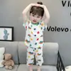 Pijama Infantil Macio de Seda Gelada, Estilo Verão Fino, Versão Coreana Estilosa de Manga Curta para Casa para Meninas, Roupa de Verão com Ar Condicionado para Meninas
