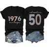 1976 Vintage Capítulo50 Amazon Ebay Sitio Independiente Moda Versátil Camiseta de Manga Corta con Cuello en V para Mujer