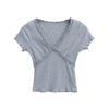 Playera Dulce de Oreja de Madera con Cuello en V para Mujer Verano 2025 Nuevo Encaje Puro Ajustado Adelgazante Combinable Manga Corta Top para Mujer