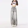 Calças jeans de design de nicho cinza ondulado femininas 2024 outono novo solto perna larga estilo preguiçoso estilo sal calças de rua