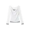 MRViscoseBranco Gola Drapeada Listrada Falsa Peça Dupla Manga Longa Camiseta Feminina Outono Estilo Coreano Slim Fit Design Sense Top
