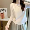 Camiseta de Algodão Puro com Manga Longa para Primavera e Outono para Mulheres, Design Irregular com Senso de Moda para Outono e Inverno, Petite, Camada Interna Base, Branca