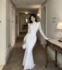 Vestido de Sirena Blanco con Encaje de un Hombro para Mujer, Manga Larga en un Solo Lado, Cintura Ajustada, Cordones Laterales, Sexy, Adelgazante, Largo, Estilo de Banquete