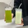 Vaso de agua cuadrado con tapa, vaso transparente simple para el hogar, té de leche, vaso portátil con pajilla, vaso de vidrio de borosilicato alto sin asa