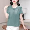 2025 Verano de Mamá Nueva Moda Color Sólido Bordado Estilo Chino Camisa Cuello Redondo Estilo Occidental Top que Reduce la Edad