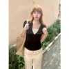 Camiseta Polo Manga Curta Feminina Color Block Estilo Coreano Falsa Peça Dupla, Design Simples de Nicho para o Verão, Top Emagrecedor e Versátil
