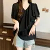Blusa de Chiffon Feminina Plus Size de Verão Nova com Decote V Estilo Francês Design de Babados Manga Curta Camisa Fina