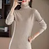 Suéter de punto acanalado de lana 100% de manga larga ajustado de color liso, nuevo estilo de primavera, vestido largo simple versión coreana para mujer