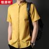 Camisa de lino 100% Hengyuanxiang para hombre, de manga corta, estilo chino, sencilla, con cuello con hebilla oscura, verano 2024