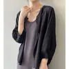 Camisa de proteção solar de um botão para mulheres, estilo coreano primavera/verão, corte solto, versátil, blusa de manga três quartos, jaqueta cardigã leve de gola redonda