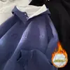Moletom com Capuz Espesso Forrado de Lã Azul Marinho Outono e Inverno com Botões Gola Meia-Alta para Homens e Mulheres Estilo Americano Jaqueta Pesada Rígida Preguiçosa