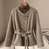 Pequena Quantidade de Roupas 2026 Haining Primavera Novo Casual Cadarço Mistura de Lã Feminina Gola Redonda Casaco de Lã Dupla Face
