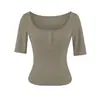 Camiseta blanca de manga corta con cuello en U para mujer, ajuste slim de verano, abotonada, estilo chica picante, manga media, capa base, top corto, moderno