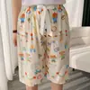 Calça de Pijama de Seda de Algodão para Mulheres, Novo Estilo de Verão, Estampa de Desenho Animado, Calça de Casa Solta Casual Fina, Pode Ser Usada Fora, Calça de Cinco Pontos