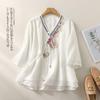 Nuevo Top Bordado Étnico de Algodón y Lino de Manga Media para Verano, Camisa Holgada con Botonadura Diagonal y Cierre de Botones, Ropa de Té Estilo Zen Chino Vintage