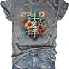 Camiseta Casual Gris para Mujer - Cruz Floral Brillante con Estampado "Faith", Suave Elástica Cuello Redondo Manga Corta