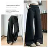 Calça Wide Leg Marrom Chocolate de Cintura Alta para Mulheres, Cós Largo com Botão Duplo, Calça de Caimento Longa, Roupa Casual Emagrecedora para Primavera e Outono