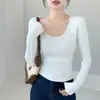 H257 Camiseta Base Plissada de Fibra de Coco Grande com Decote em U para Outono e Inverno, Camiseta com Camada Interna Escovada, Manga Longa, Modelagem Justa, Ajuste na Cintura, Top que Cobre o Corpo