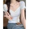¡Viento suave romántico francés! Elegante playera de hombro con cuello en V 2024 Verano Nuevo Clavícula Ajustado Ajustado Top de Mujer