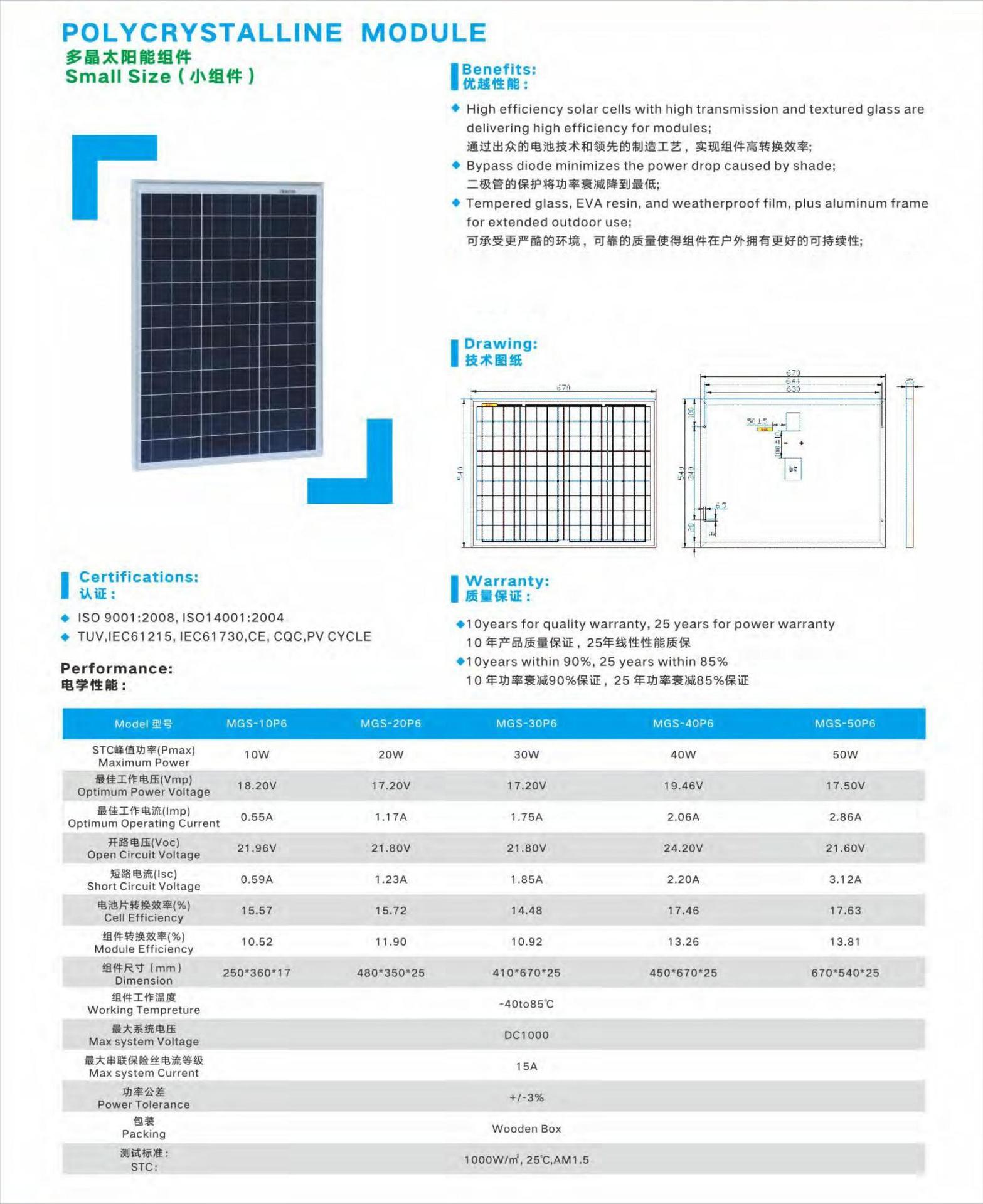 多晶太阳能组件10W-50W