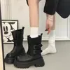 Botas Curtas de Motociclista com Salto Grosso de Plataforma para Aumentar a Altura para Mulheres, Novidade Outono/Inverno 2026, Estilo Britânico, Meia-Panturrilha, Jeans, Botas Biker