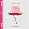 Sombrero de pescador de ala ancha con letras deshilachadas estilo HyunA para mujer, protección solar de verano con cordón, sombrero de sol para exteriores, montañismo, vacaciones