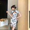 2025 Nuevo Estilo de Verano Cheongsam Mejorado para Niña Look Adelgazante Vestido Callejero de Manga Corta Ceñido a las Caderas