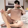 Chegada Nova Transfronteiriça Pijamas Masculinos de Verão Manga Curta Conjunto Estilo Coreano Solto Tamanho Grande Desenho Animado Casual Roupa de Fora Roupas de Casa