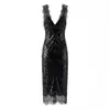 Venta al por mayor transfronteriza Verano 2026 Moda europea y americana Casual Encaje Patchwork Cuello en V Profundo Lentejuelas Vestido para Mujer C27744