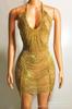 Traje de Festa Sonhador, Comprado em Loja, Corrente Brilhante de Strass, Decote em V, Costas Nuas, Saia Curta, Sexy