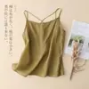 Camisola de algodão e linho para mulheres, top curto para primavera e verão, sem mangas, com design cruzado, adequado para usar por cima, camisa base fina