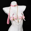 Conjunto de coleira em couro em formato de coração e grampos para mamilos SM, apresentando um grampo para mamilos com laço de diamante rosa e uma coleira de guia, para role-playing e brinquedos adultos