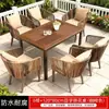 Juegos de mesa y sillas de exterior para villas, patios, jardines y terrazas, con un estilo casual, que incluyen sillas de mimbre y mesas de madera plástica, así como combinaciones de mesas y sillas tejidas para exteriores.