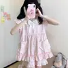 Pijama rosa a cuadros estilo japonés, estilo princesa para mujer, conjunto de verano de manga corta y shorts con pequeñas mangas acampanadas, ropa de casa para chicas guapas