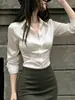 Camisa de trabajo profesional para mujer, estilo francés, blanco satinado, entallada, manga larga, cuello camisero, abotonada, para 2026