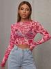 Sexy Sexy Verano Delgado Cuello Redondo Corto Malla Corazón Estampado Transparente Camiseta Top para Mujer