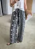 [Estilo Bohemio] Pantalones Anchos de Lino Tencel Estampados para Vacaciones para Mujer, Pantalones Casuales Rectos Sueltos Adelgazantes de Verano