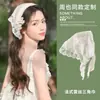 Pañuelo Cuadrado de Encaje Blanco Dulce Estilo Pastoral con Diadema Integrada para Mujer, Pañuelo de Cabeza Atmosférico con Lazo, Hace que el Rostro Parezca Más Pequeño