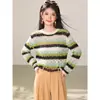 Outono gola redonda solto macio pegajoso estilo preguiçoso doce gentil listrado blusa suéter feminino onda