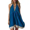 Vestido Halter de Verano 2026 Estilo Europeo y Americano con Escote en V Profundo para Mujer de Algodón y Lino de Color Contrastante Holgado para Vacaciones en la Playa Vestido Corto de Corte A