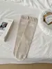 Calcetines holgados de sal marina azul grisáceo para primavera y otoño para mujer, calcetines dulces de estilo coreano a rayas florales de media pantorrilla, estilo fino y transpirable con bordes rizados