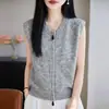 Nova Coleção Outono/Inverno 2026: Cardigan Colete de Tricô Gola Redonda com Zíperes Duplos, Cor Sólida, Sem Mangas, Para Sobrepor, Top de Caimento Solto