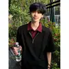 Camiseta de Manga Corta con Cuello de Camisa Falso de Dos Piezas para Hombre, Polo de Verano de Peso Pesado con Media Cremallera, Retazos Retro Americanos de Manga Corta