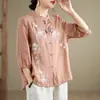Blusa de estilo chino con cuello mao y botones modificados, camisa vintage con bordado pesado para mujer, nuevo producto de verano, top de algodón y lino de manga tres cuartos